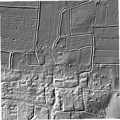 Shaded relief map of the ground around TA78DN, computed from Environment Agency LiDAR. The ground here sits at about 7 m above sea level and falls 22 m across the surrounding 800 m. Surface water reaching this point runs off ground lying to the south-east, 1.8 m higher.