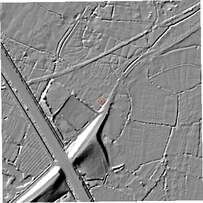Shaded relief map of the ground around TA78NZ, computed from Environment Agency LiDAR. The ground here sits at about 7 m above sea level and falls 11 m across the surrounding 800 m. Surface water reaching this point runs off ground lying to the south-south-east, 2.2 m higher.