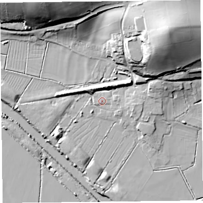 Shaded relief map of the ground around TA78PB, computed from Environment Agency LiDAR. The ground here sits at about 7 m above sea level and falls 40 m across the surrounding 800 m. Surface water reaching this point runs off ground lying to the north-east, 34.1 m higher.