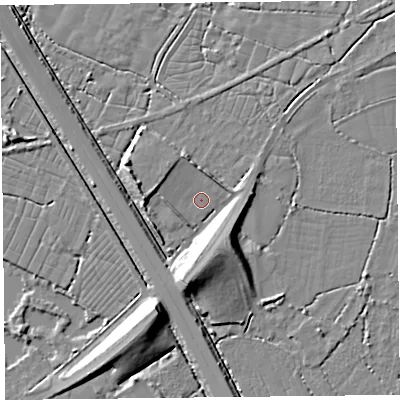 Shaded relief map of the ground around TA78PE, computed from Environment Agency LiDAR. The ground here sits at about 7 m above sea level and falls 11 m across the surrounding 800 m. Surface water reaching this point runs off ground lying to the north-north-east, 2.2 m higher.