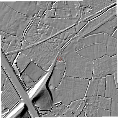 Shaded relief map of the ground around TA78PF, computed from Environment Agency LiDAR. The ground here sits at about 7 m above sea level and falls 11 m across the surrounding 800 m. Surface water reaching this point runs off ground lying to the south-west, 1.7 m higher.