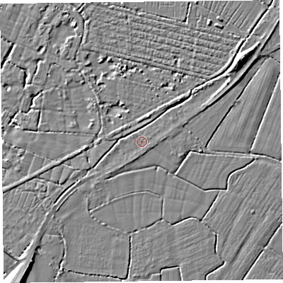 Shaded relief map of the ground around TA78PG, computed from Environment Agency LiDAR. The ground here sits at about 7 m above sea level and falls 7 m across the surrounding 800 m. Surface water reaching this point runs off ground lying to the south, 0.8 m higher.