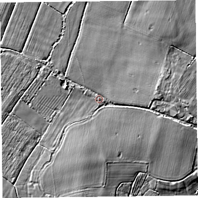 Shaded relief map of the ground around TA78PQ, computed from Environment Agency LiDAR. The ground here sits at about 7 m above sea level and falls 6 m across the surrounding 800 m. Surface water reaching this point runs off ground lying to the east, 3.7 m higher.