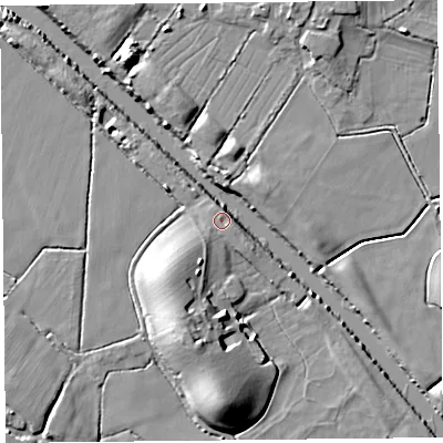 Shaded relief map of the ground around TA78PZ, computed from Environment Agency LiDAR. The ground here sits at about 6 m above sea level and falls 13 m across the surrounding 800 m. The ground contributing surface water to this point lies to the west-south-west.
