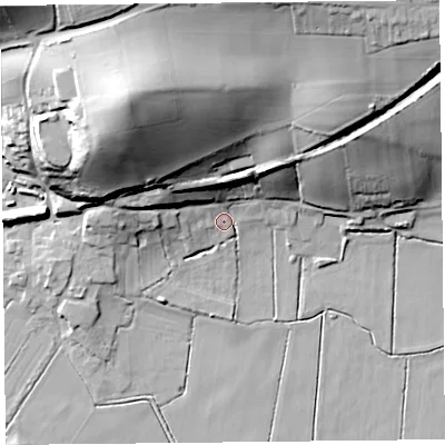 Shaded relief map of the ground around TA78QB, computed from Environment Agency LiDAR. The ground here sits at about 7 m above sea level and falls 39 m across the surrounding 800 m. Surface water reaching this point runs off ground lying to the north-west, 37.2 m higher.