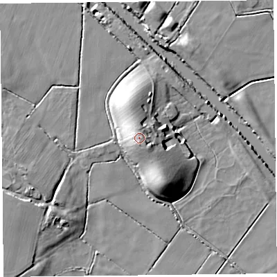 Shaded relief map of the ground around TA78QD, computed from Environment Agency LiDAR. The ground here sits at about 14 m above sea level and falls 13 m across the surrounding 800 m. Surface water reaching this point runs off ground lying to the south-east, 3.2 m higher.