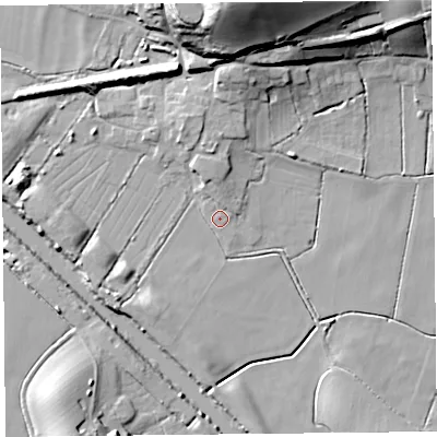 Shaded relief map of the ground around TA78QE, computed from Environment Agency LiDAR. The ground here sits at about 6 m above sea level and falls 35 m across the surrounding 800 m. Surface water reaching this point runs off ground lying to the north, 2.7 m higher.