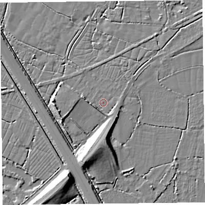 Shaded relief map of the ground around TA78QL, computed from Environment Agency LiDAR. The ground here sits at about 7 m above sea level and falls 11 m across the surrounding 800 m. Surface water reaching this point runs off ground lying to the south-west, 3.4 m higher.