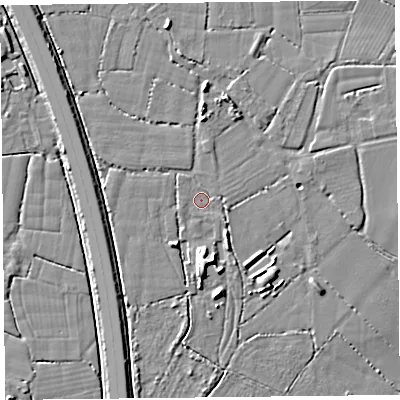 Shaded relief map of the ground around TA78QP, computed from Environment Agency LiDAR. The ground here sits at about 6 m above sea level and falls 7 m across the surrounding 800 m. Surface water reaching this point runs off ground lying to the east-south-east, 2.1 m higher.