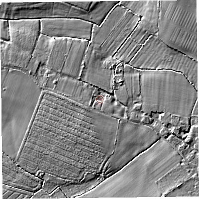 Shaded relief map of the ground around TA78QQ, computed from Environment Agency LiDAR. The ground here sits at about 6 m above sea level and falls 6 m across the surrounding 800 m. Surface water reaching this point runs off ground lying to the south-west, 2.4 m higher.