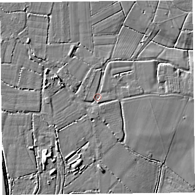 Shaded relief map of the ground around TA78QR, computed from Environment Agency LiDAR. The ground here sits at about 6 m above sea level and falls 8 m across the surrounding 800 m. Surface water reaching this point runs off ground lying to the west-north-west, 3.1 m higher.