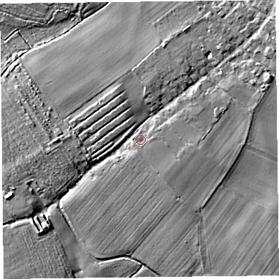 Shaded relief map of the ground around TA78RF, computed from Environment Agency LiDAR. The ground here sits at about 8 m above sea level and falls 7 m across the surrounding 800 m. Surface water reaching this point runs off ground lying to the east-south-east, 1.7 m higher.