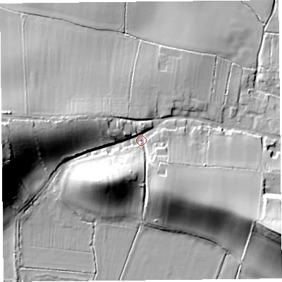 Shaded relief map of the ground around TA79AA, computed from Environment Agency LiDAR. The ground here sits at about 17 m above sea level and falls 33 m across the surrounding 800 m. Surface water reaching this point runs off ground lying to the south-south-east, 9.1 m higher.