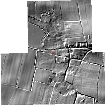 Shaded relief map of the ground around TA79AR, computed from Environment Agency LiDAR. The ground here sits at about 7 m above sea level and falls 19 m across the surrounding 800 m. Surface water reaching this point runs off ground lying to the south-east, 16.0 m higher.