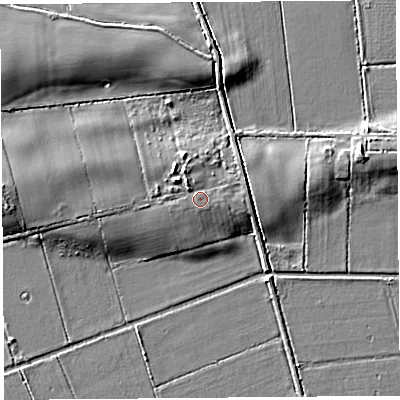 Shaded relief map of the ground around TA79BN, computed from Environment Agency LiDAR. The ground here sits at about 7 m above sea level and falls 6 m across the surrounding 800 m. Surface water reaching this point runs off ground lying to the north-west, 2.4 m higher.