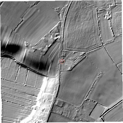 Shaded relief map of the ground around TA79BP, computed from Environment Agency LiDAR. The ground here sits at about 14 m above sea level and falls 23 m across the surrounding 800 m. Surface water reaching this point runs off ground lying to the west-north-west, 1.9 m higher.
