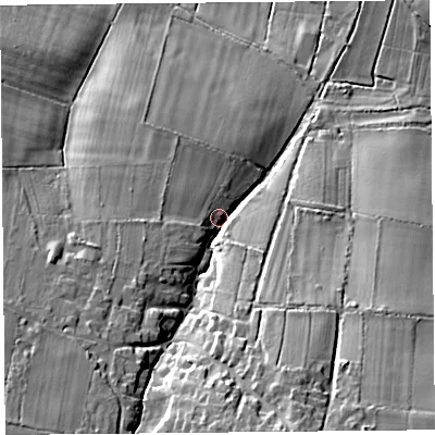 Shaded relief map of the ground around TA79ED, computed from Environment Agency LiDAR. The ground here sits at about 19 m above sea level and falls 35 m across the surrounding 800 m. Surface water reaching this point runs off ground lying to the south-south-east, 21.5 m higher.