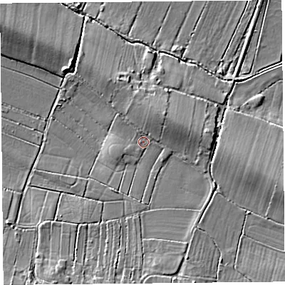 Shaded relief map of the ground around TA79JZ, computed from Environment Agency LiDAR. The ground here sits at about 8 m above sea level and falls 12 m across the surrounding 800 m. Surface water reaching this point runs off ground lying to the north-east, 4.7 m higher.