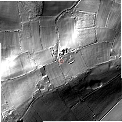 Shaded relief map of the ground around TA79QP, computed from Environment Agency LiDAR. The ground here sits at about 47 m above sea level and falls 46 m across the surrounding 800 m. Surface water reaching this point runs off ground lying to the south, 11.0 m higher.