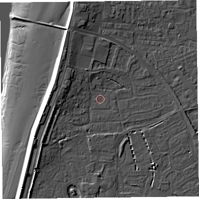Shaded relief map of the ground around TA81AA, computed from Environment Agency LiDAR. The ground here sits at about 6 m above sea level and falls 15 m across the surrounding 800 m. Surface water reaching this point runs off ground lying to the north-west, 3.5 m higher.