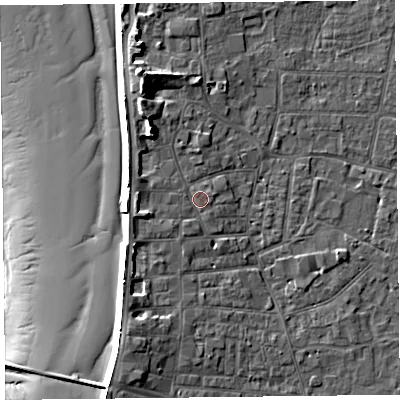 Shaded relief map of the ground around TA81AL, computed from Environment Agency LiDAR. The ground here sits at about 8 m above sea level and falls 17 m across the surrounding 800 m. Surface water reaching this point runs off ground lying to the west, 2.3 m higher.