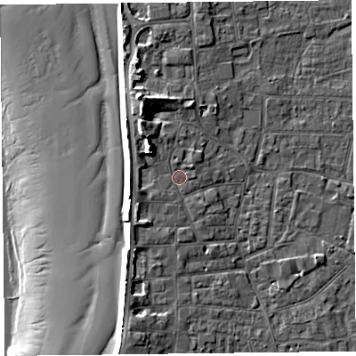 Shaded relief map of the ground around TA81AN, computed from Environment Agency LiDAR. The ground here sits at about 8 m above sea level and falls 17 m across the surrounding 800 m. Surface water reaching this point runs off ground lying to the north-west, 5.2 m higher.