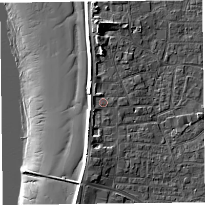 Shaded relief map of the ground around TA81AR, computed from Environment Agency LiDAR. The ground here sits at about 8 m above sea level and falls 17 m across the surrounding 800 m. Surface water reaching this point runs off ground lying to the north, 3.8 m higher.