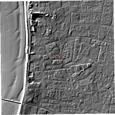 Shaded relief map of the ground around TA81AT, computed from Environment Agency LiDAR. The ground here sits at about 7 m above sea level and falls 12 m across the surrounding 800 m. Surface water reaching this point runs off ground lying to the north-west, 5.6 m higher.