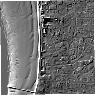 Shaded relief map of the ground around TA81AX, computed from Environment Agency LiDAR. The ground here sits at about 8 m above sea level and falls 17 m across the surrounding 800 m. Surface water reaching this point runs off ground lying to the west, 2.0 m higher.