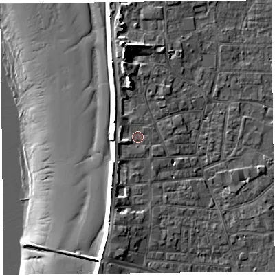 Shaded relief map of the ground around TA81BA, computed from Environment Agency LiDAR. The ground here sits at about 8 m above sea level and falls 17 m across the surrounding 800 m. Surface water reaching this point runs off ground lying to the north-north-west, 3.9 m higher.
