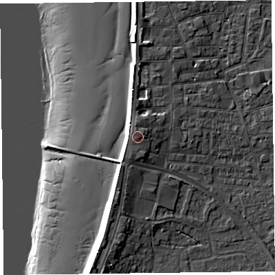 Shaded relief map of the ground around TA81BB, computed from Environment Agency LiDAR. The ground here sits at about 10 m above sea level and falls 15 m across the surrounding 800 m. Surface water reaching this point runs off ground lying to the south-south-west, 0.5 m higher.