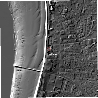 Shaded relief map of the ground around TA81BE, computed from Environment Agency LiDAR. The ground here sits at about 8 m above sea level and falls 17 m across the surrounding 800 m. Surface water reaching this point runs off ground lying to the west, 2.5 m higher.