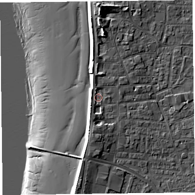 Shaded relief map of the ground around TA81BG, computed from Environment Agency LiDAR. The ground here sits at about 8 m above sea level and falls 17 m across the surrounding 800 m. Surface water reaching this point runs off ground lying to the north-north-west, 2.4 m higher.