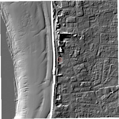 Shaded relief map of the ground around TA81BH, computed from Environment Agency LiDAR. The ground here sits at about 8 m above sea level and falls 17 m across the surrounding 800 m. Surface water reaching this point runs off ground lying to the north, 2.7 m higher.