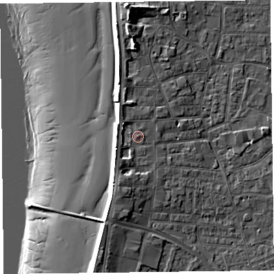 Shaded relief map of the ground around TA81BJ, computed from Environment Agency LiDAR. The ground here sits at about 8 m above sea level and falls 17 m across the surrounding 800 m. Surface water reaching this point runs off ground lying to the west-north-west, 2.8 m higher.
