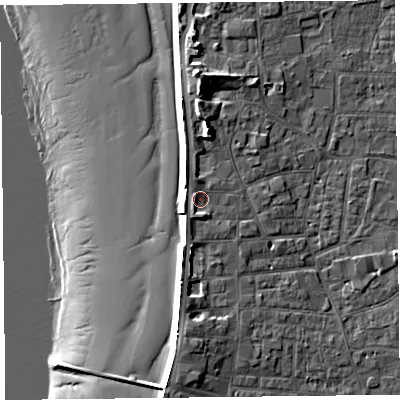 Shaded relief map of the ground around TA81BQ, computed from Environment Agency LiDAR. The ground here sits at about 8 m above sea level and falls 17 m across the surrounding 800 m. Surface water reaching this point runs off ground lying to the north, 2.7 m higher.