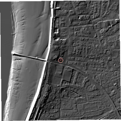 Shaded relief map of the ground around TA81BT, computed from Environment Agency LiDAR. The ground here sits at about 8 m above sea level and falls 15 m across the surrounding 800 m. Surface water reaching this point runs off ground lying to the north-north-west, 2.3 m higher.