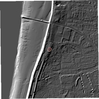 Shaded relief map of the ground around TA81BU, computed from Environment Agency LiDAR. The ground here sits at about 9 m above sea level and falls 15 m across the surrounding 800 m. Surface water reaching this point runs off ground lying to the north, 1.3 m higher.