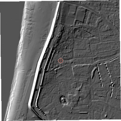 Shaded relief map of the ground around TA81BX, computed from Environment Agency LiDAR. The ground here sits at about 6 m above sea level and falls 15 m across the surrounding 800 m. Surface water reaching this point runs off ground lying to the west-north-west, 1.4 m higher.