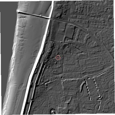 Shaded relief map of the ground around TA81BY, computed from Environment Agency LiDAR. The ground here sits at about 6 m above sea level and falls 15 m across the surrounding 800 m. Surface water reaching this point runs off ground lying to the west-north-west, 3.3 m higher.