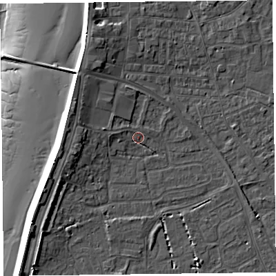 Shaded relief map of the ground around TA81DA, computed from Environment Agency LiDAR. The ground here sits at about 6 m above sea level and falls 15 m across the surrounding 800 m. Surface water reaching this point runs off ground lying to the north-west, 3.3 m higher.