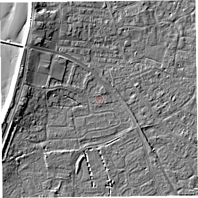 Shaded relief map of the ground around TA81DB, computed from Environment Agency LiDAR. The ground here sits at about 6 m above sea level and falls 8 m across the surrounding 800 m. Surface water reaching this point runs off ground lying to the north-east, 0.6 m higher.