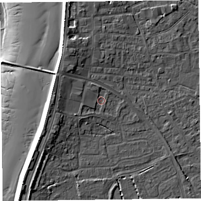 Shaded relief map of the ground around TA81DD, computed from Environment Agency LiDAR. The ground here sits at about 6 m above sea level and falls 15 m across the surrounding 800 m. Surface water reaching this point runs off ground lying to the north-north-west, 1.6 m higher.