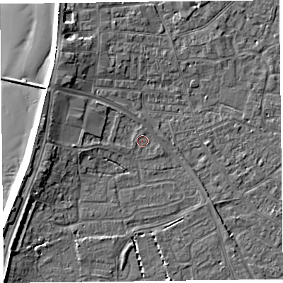 Shaded relief map of the ground around TA81DE, computed from Environment Agency LiDAR. The ground here sits at about 6 m above sea level and falls 9 m across the surrounding 800 m. Surface water reaching this point runs off ground lying to the north, 0.7 m higher.