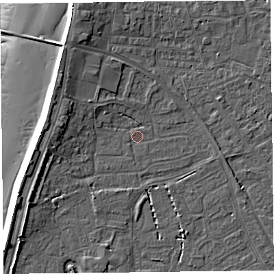 Shaded relief map of the ground around TA81DF, computed from Environment Agency LiDAR. The ground here sits at about 6 m above sea level and falls 12 m across the surrounding 800 m. Surface water reaching this point runs off ground lying to the west, 4.1 m higher.