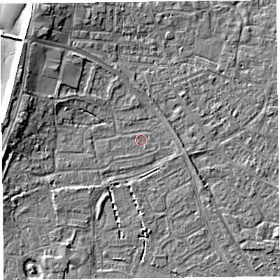 Shaded relief map of the ground around TA81DG, computed from Environment Agency LiDAR. The ground here sits at about 6 m above sea level and falls 7 m across the surrounding 800 m. Surface water reaching this point runs off ground lying to the west, 4.1 m higher.