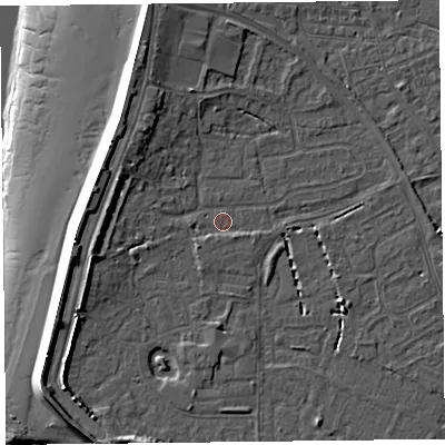 Shaded relief map of the ground around TA81DH, computed from Environment Agency LiDAR. The ground here sits at about 6 m above sea level and falls 15 m across the surrounding 800 m. Surface water reaching this point runs off ground lying to the south-west, 1.5 m higher.
