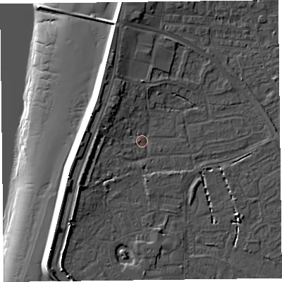 Shaded relief map of the ground around TA81DJ, computed from Environment Agency LiDAR. The ground here sits at about 6 m above sea level and falls 15 m across the surrounding 800 m. Surface water reaching this point runs off ground lying to the north-west, 4.1 m higher.