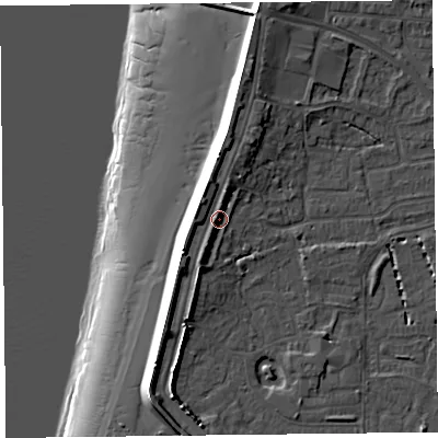 Shaded relief map of the ground around TA81DL, computed from Environment Agency LiDAR. The ground here sits at about 8 m above sea level and falls 15 m across the surrounding 800 m. Surface water reaching this point runs off ground lying to the north-north-east, 1.8 m higher.