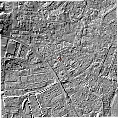 Shaded relief map of the ground around TA81DP, computed from Environment Agency LiDAR. The ground here sits at about 6 m above sea level and falls 6 m across the surrounding 800 m. Surface water reaching this point runs off ground lying to the west, 1.0 m higher.